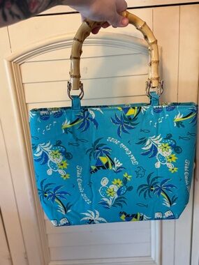 Bamboo Handle Tiki Oasis Turquoise Tropical Tote Bag Purse